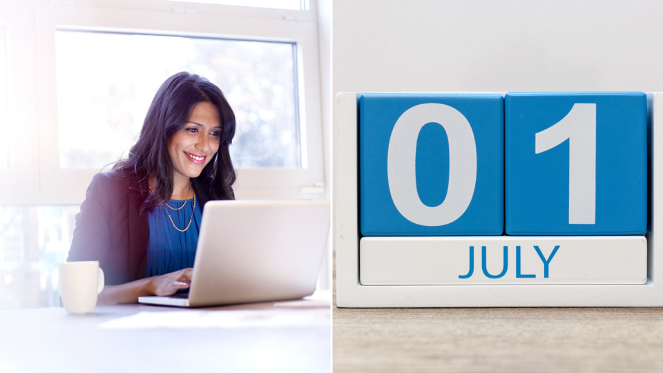 Woman on computer. Calendar blocks reading 1 July.