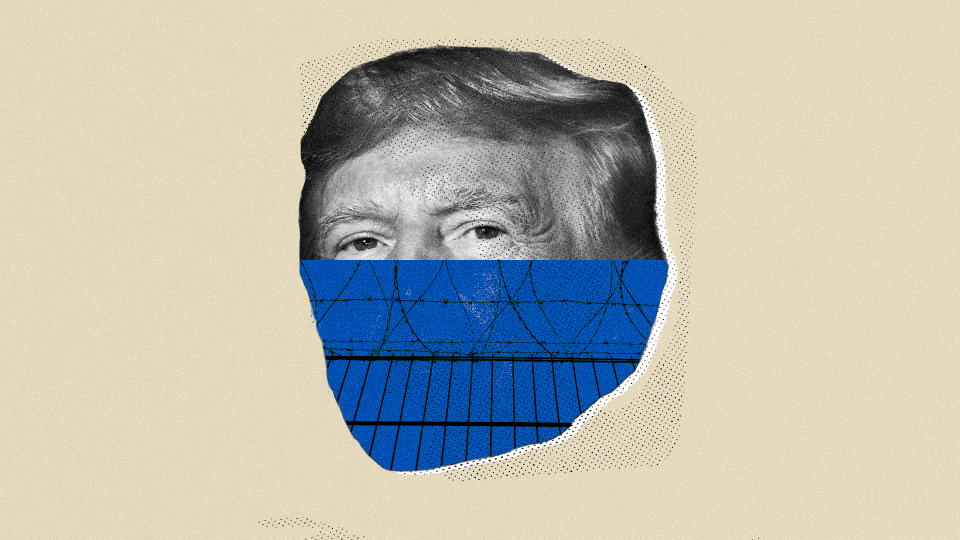 Illustration of Donald Trump with the lower half of his face covered by an image of barbed wire.