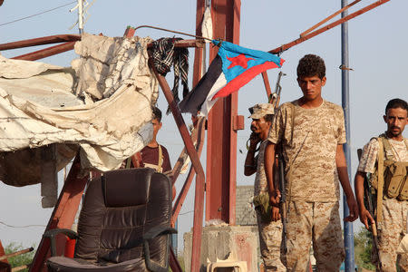 The flag of former South Yemen is seen at a checkpoint manned by pro-government soldiers in the southern port city of Aden, Yemen October 9, 2016. Picture taken October 9, 2016. REUTERS/Fawaz Salman