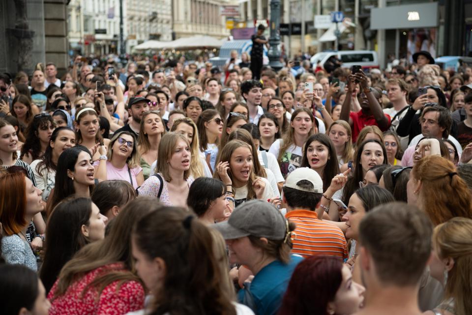 Taylor Swift fans sing at their own informal gathering at Stephansplatz on August 8 in Vienna.