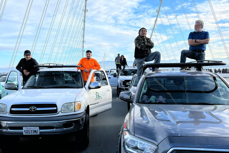 Motorists who were stuck on the San Francisco Oakland Bay Bridge waited for hours on Nov. 16, 2023. (AP Photo/Noah Berger)