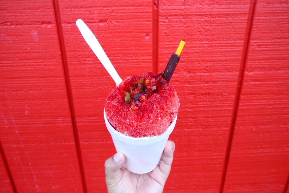 A Piccadilly Snoball from local food truck The SnoBarn Shave Ice at the inaugural Shoreline Food Truck Festival on Saturday, Feb. 25, 2023.