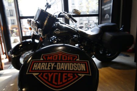 The logo of U.S. motorcycle company Harley-Davidson is seen on one of their models at a shop in Paris, France, August 16, 2018.  REUTERS/Philippe Wojazer