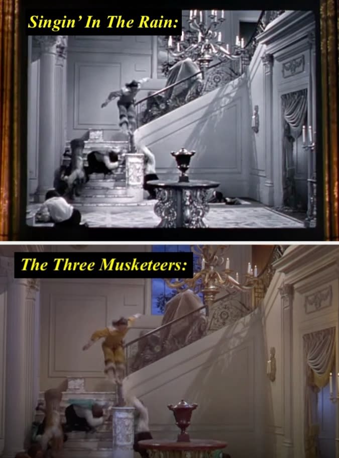 Upper picture: Scene from "Singing in the rain" shows a performer dancing on a large staircase. Lower picture: Scene from "The Three Musketeers" shows a figure in a similar pose on a staircase