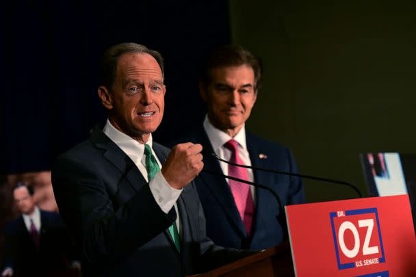 PHOTO: Sen. Pat Toomey holds a press conference with Senate candidate Dr. Mehmet Oz on Sept. 6, 2022, in Philadelphia. (Mark Makela/Getty Images)