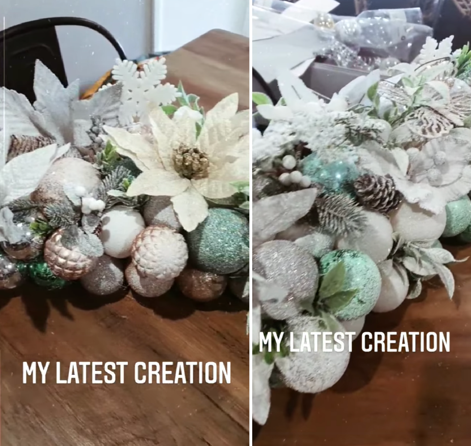 Details on Kmart pool noodle Christmas table centrepiece hack fake flowers, fake snow, baubles