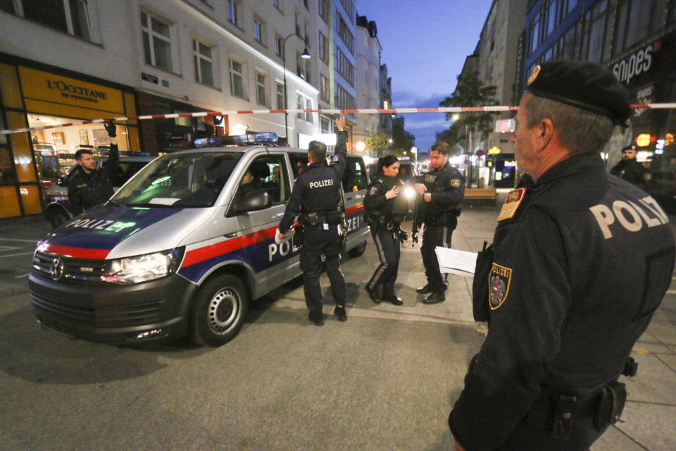 Following gunfire on people enjoying a last evening out before lockdown, police patrol at the scene in Vienna, early Tuesday, Nov. 3, 2020. Police in the Austrian capital said several shots were fired shortly after 8 p.m. local time on Monday, Nov. 2, in a lively street in the city center of Vienna. Austria's top security official said authorities believe there were several gunmen involved and that a police operation was still ongoing. (Photo/Ronald Zak)