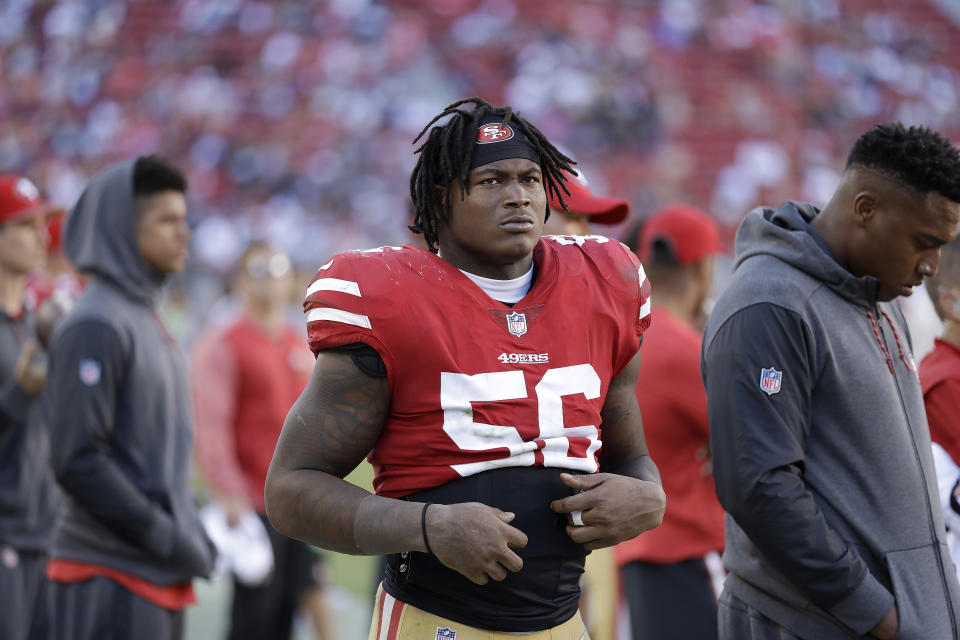 49ers linebacker Reuben Foster (56) was arrested in February on a domestic violence allegation. (AP)