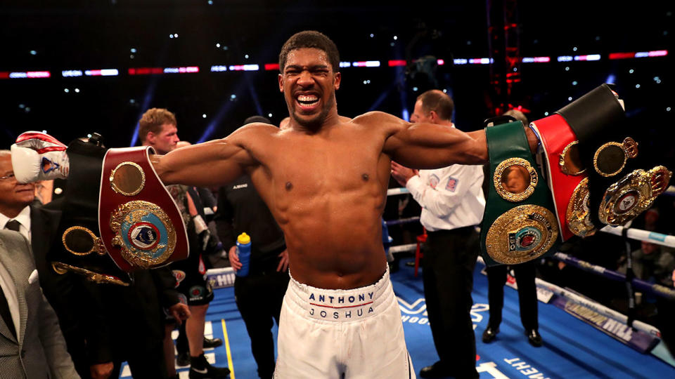 Anthony Joshua has retained his WBA, IBF, WBO and IBO world heavyweight championship belts. Pic: Getty