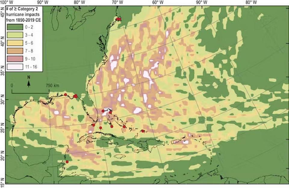 The red dots show the sites of high-resolution paleohurricane records. The map shows the frequency of hurricanes ranked Category 2 or above from 1850 to 2019.