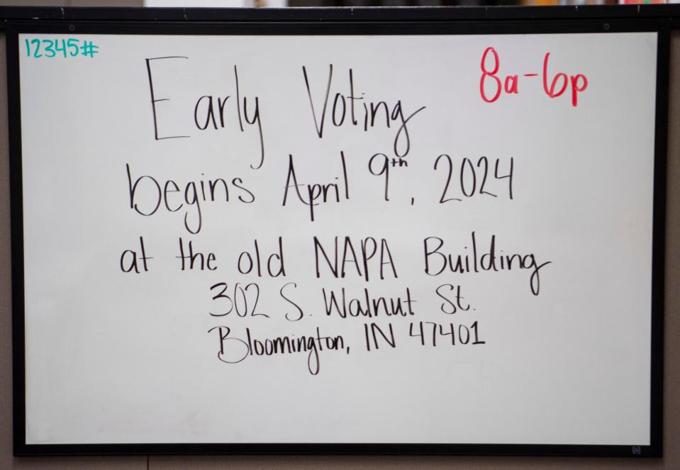 A whiteboard with the beginning date for early voting at the Monroe County Election Board office on Friday, March 15, 2024.