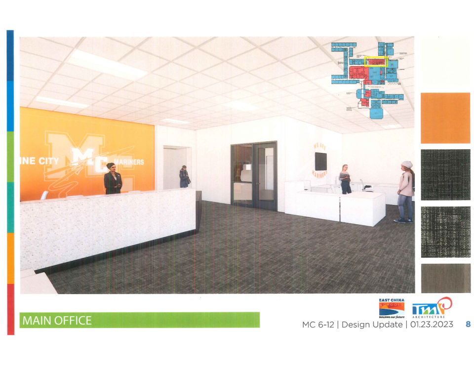 A rendering of the future main office at Marine City High School.
