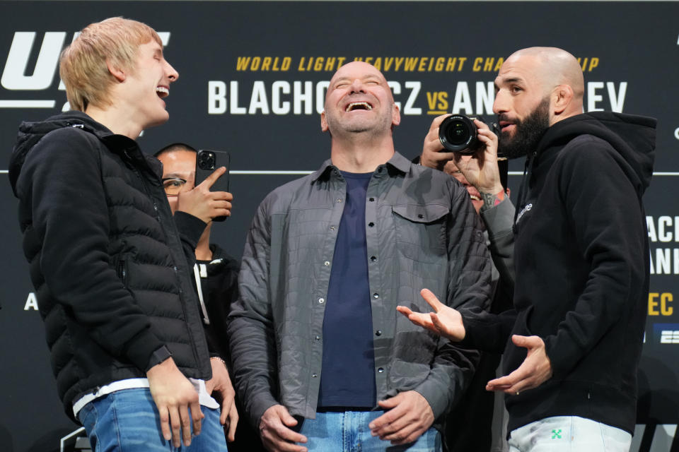 LAS VEGAS, NEVADA - DECEMBER 08: (L-R) Opponents Paddy Pimblett of England and Jared Gordon face off during the UFC 282 press conference at MGM Grand Garden Arena on December 08, 2022 in Las Vegas, Nevada. (Photo by Chris Unger/Zuffa LLC)