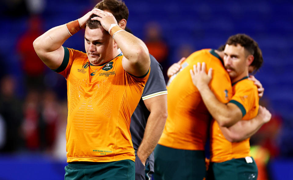 Wallabies players, pictured here after their record loss to Wales at the Rugby World Cup.