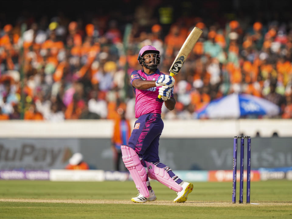 Rajasthan Royals'Jos Sanju Samson bats during the Indian Premier League cricket match between Sunrisers Hyderabad and Rajasthan Royals in Hyderabad, India, Sunday, April 2, 2023.(AP Photo/Mahesh Kumar A)