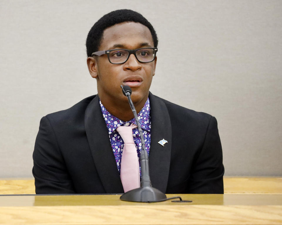 Botham Jean's son Brandt Jean delivers his impact statement to former Dallas Police Officer Amber Guyger following her sentencing for murder, Wednesday, Oct. 2, 2019, in Dallas. Guyger, who said she mistook neighbor Botham Jean's apartment for her own and fatally shot him in his living room, was sentenced to a decade in prison. (Tom Fox/The Dallas Morning News via AP, Pool)