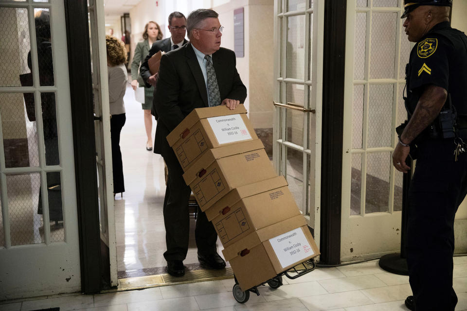 <p>Boxes arrive at the courtroom during Bill Cosby’s sexual assault trial at the Montgomery County Courthouse in Norristown, Pa., June 6, 2017. (Photo: Matt Rourke/Pool/Reuters) </p>