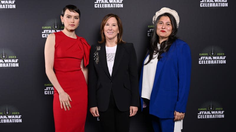 Daisy Ridley, Kathleen Kennedy, and Sharmeen Obaid-Chinoy