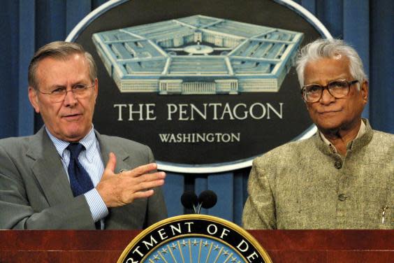 At the Pentagon with Donald Rumsfeld in 2002 (Getty)
