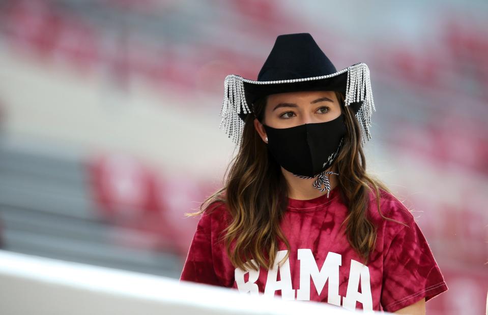 Oct 31, 2020; Tuscaloosa, Alabama, USA; Alabama fans come dressed for a COVID halloween where masks were not optional for the Halloween Day game with Mississippi State at Bryant-Denny Stadium. Mandatory Credit: Gary Cosby Jr/The Tuscaloosa News via USA TODAY Sports