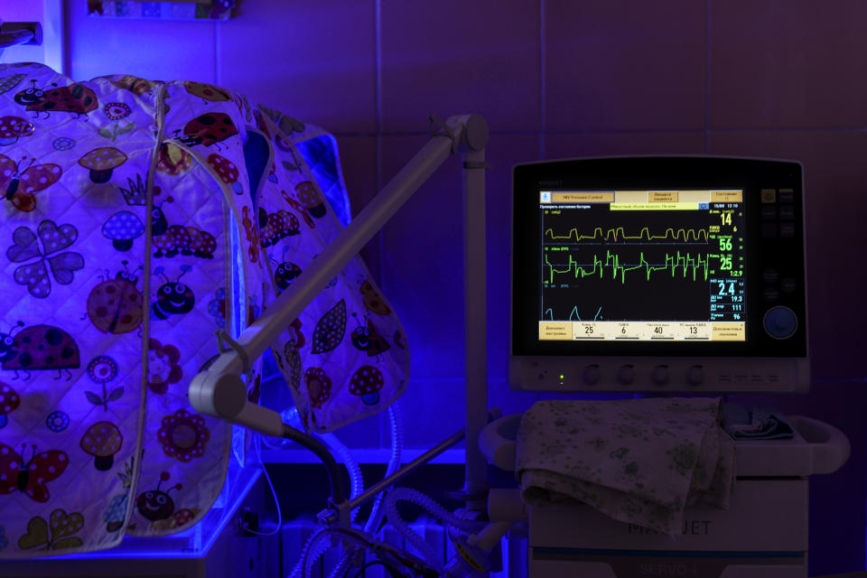 A blanket covers the incubator where Veronika, a baby born nearly two months prematurely, is cared for at the Pokrovsk Perinatal Hospital, in Pokrovsk, eastern Ukraine, Monday, Aug. 15, 2022. When the air-raid sirens sound, the babies in the over-ground incubation ward cannot be disconnected from life-saving machines, explains Dr. Tetiana Myroshnychenko. "If I carry Veronika to the shelter, that would take five minutes. But for her, those five minutes could be critical," Myroshnychenko says. (AP Photo/David Goldman)