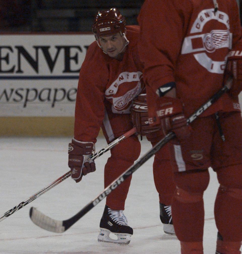 Detroit Red Wings captain Steve Yzerman waits for the puck in practice at McNichols Sports Arena in Denver, a day before Game 2 of the Western Conference finals, May 16, 1997.