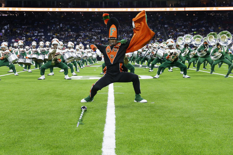 The Florida A&M University Marching 100 band performs during the 2023 National Battle of the Bands, a showcase for HBCU marching bands at NRG Stadium Saturday, Aug. 26, 2023, in Houston. (AP Photo/Michael Wyke)