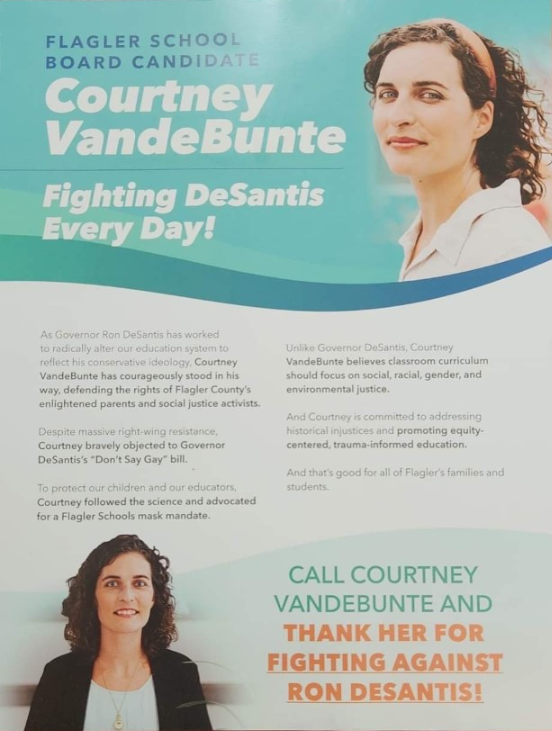 A flyer sent to Flagler County homes appears to have come from school board candidate Courtney VandeBunte, but it was paid for by PAC Flagler Forever, whose address is associated with other groups that have funded VandeBunte's opponent, Will Furry. VandeBunte says many of the claims are false and the pictures were used without her permission.