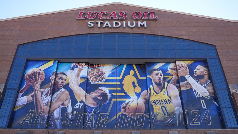 Signage promoting the NBA All-Star basketball game covers the window on Lucas Oil Stadium in Indianapolis, Wednesday, Feb. 14, 2024. The NBA All-Star game in Sunday. 