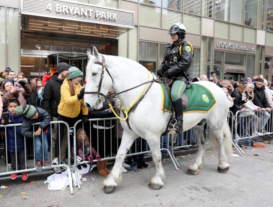 A mounted police officer and his horse greeted some of the thousands that lined 6th Avenue in Manhattan to watch the annual Macy's Thanksgiving Day Parade Nov. 28, 2019.