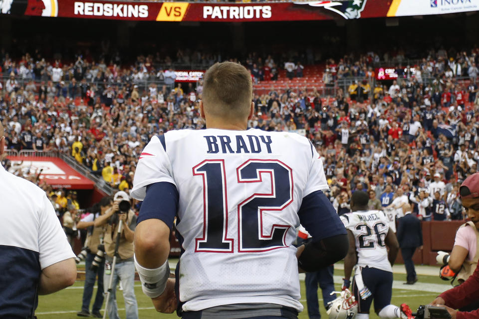 Oct 6, 2019; Landover, MD, USA; New England Patriots quarterback Tom Brady (12) jogs off the field after the PatriotsÕ game against the Washington Redskins at FedExField. Mandatory Credit: Geoff Burke-USA TODAY Sports