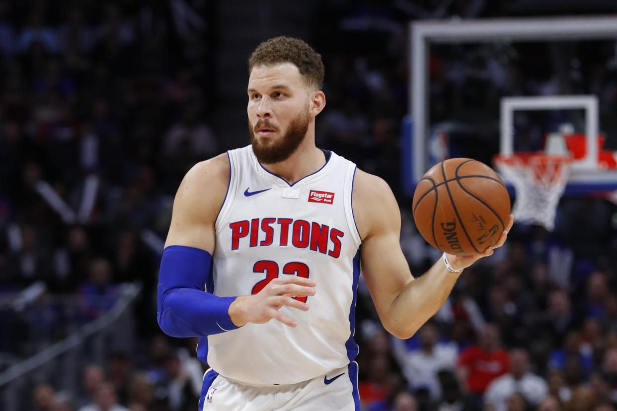 Detroit Pistons forward Blake Griffin plays against the Memphis Grizzlies in the first half of an NBA basketball game in Detroit, Tuesday, April 9, 2019. (AP Photo/Paul Sancya)