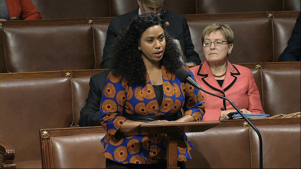 Rep. Ayanna Pressley, D-Mass., speaks as the House of Representatives debates the articles of impeachment against President Donald Trump at the Capitol in Washington, Wednesday, Dec. 18, 2019. (House Television via AP)