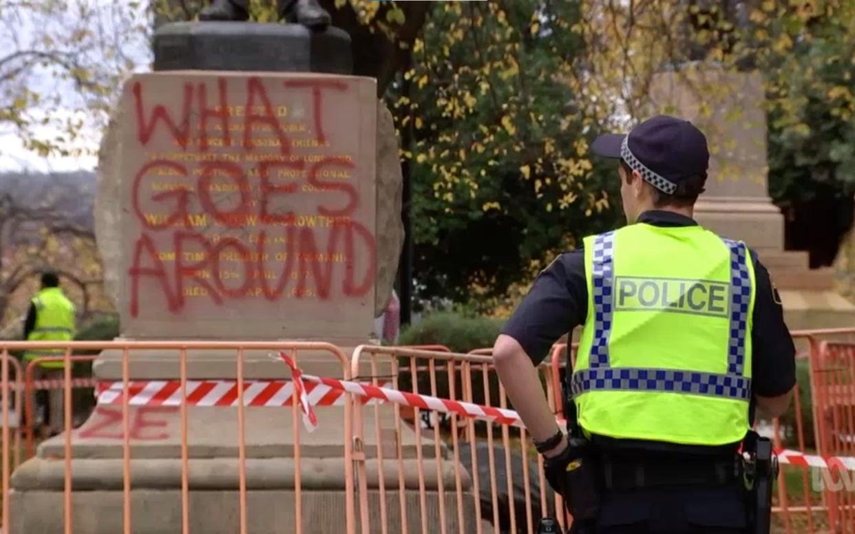 Controversial colonial-era William Crowther statue toppled in Franklin Square, Hobart, Australia