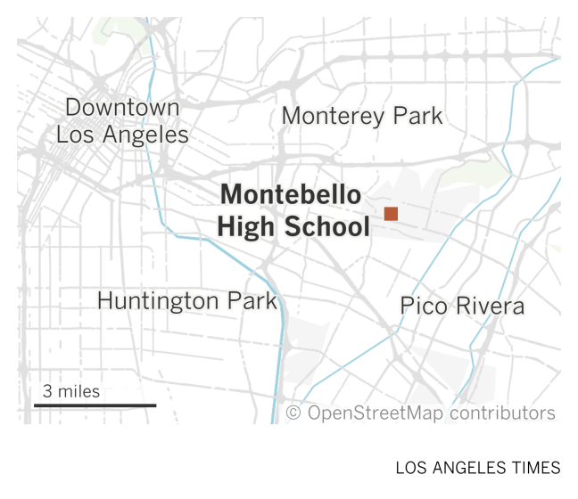 A map of areas east of downtown Los Angeles shows the location of Montebello High School