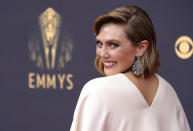 Elizabeth Olsen arrives at the 73rd Primetime Emmy Awards on Sunday, Sept. 19, 2021, at L.A. Live in Los Angeles. (AP Photo/Chris Pizzello)