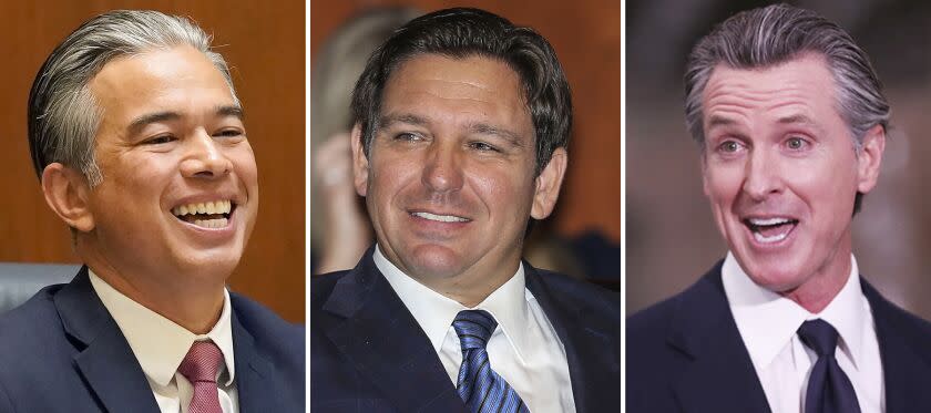 Left to right: Attorney General of California Rob Bonta, Florida Gov. Ron DeSantis and California Gov. Gavin Newsom.