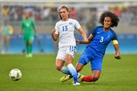 <p>Alex Morgan of United States battles for the ball against Wendie Renard of FraFrance during the Women’s Group F first round match between United States and France during Day 1 of the Rio 2016 Olympic Games at Mineirao Stadium on August 6, 2016 in Belo Horizonte, Brazil. (Photo by Pedro Vilela/Getty Images) </p>