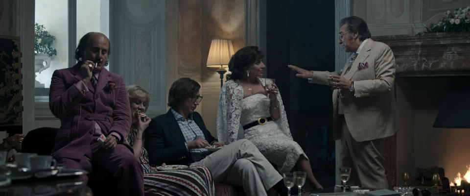 Jared Leto stars as Paolo Gucci, Florence Andrews as Jenny Gucci, Adam Driver as Maurizio Gucci, Lady Gaga as Patrizia Reggiani and Al Pacino as Aldo Gucci in Ridley Scott’s ‘House of Gucci’ - Credit: Courtesy of Metro Goldwyn Mayer
