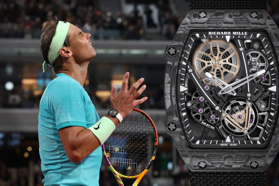 紅土之王納達爾（Rafael Nadal）在2024年法網首站落敗。他手上戴著最新的RM 27-05飛行陀飛輪腕錶。（圖片擷取自網路）