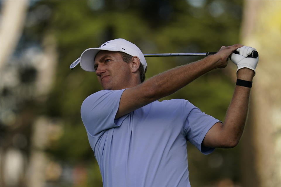 Brendon Todd watches his tee shot on the sixth hole during the first round of the PGA Championship golf tournament at TPC Harding Park Thursday, Aug. 6, 2020, in San Francisco. (AP Photo/Jeff Chiu)