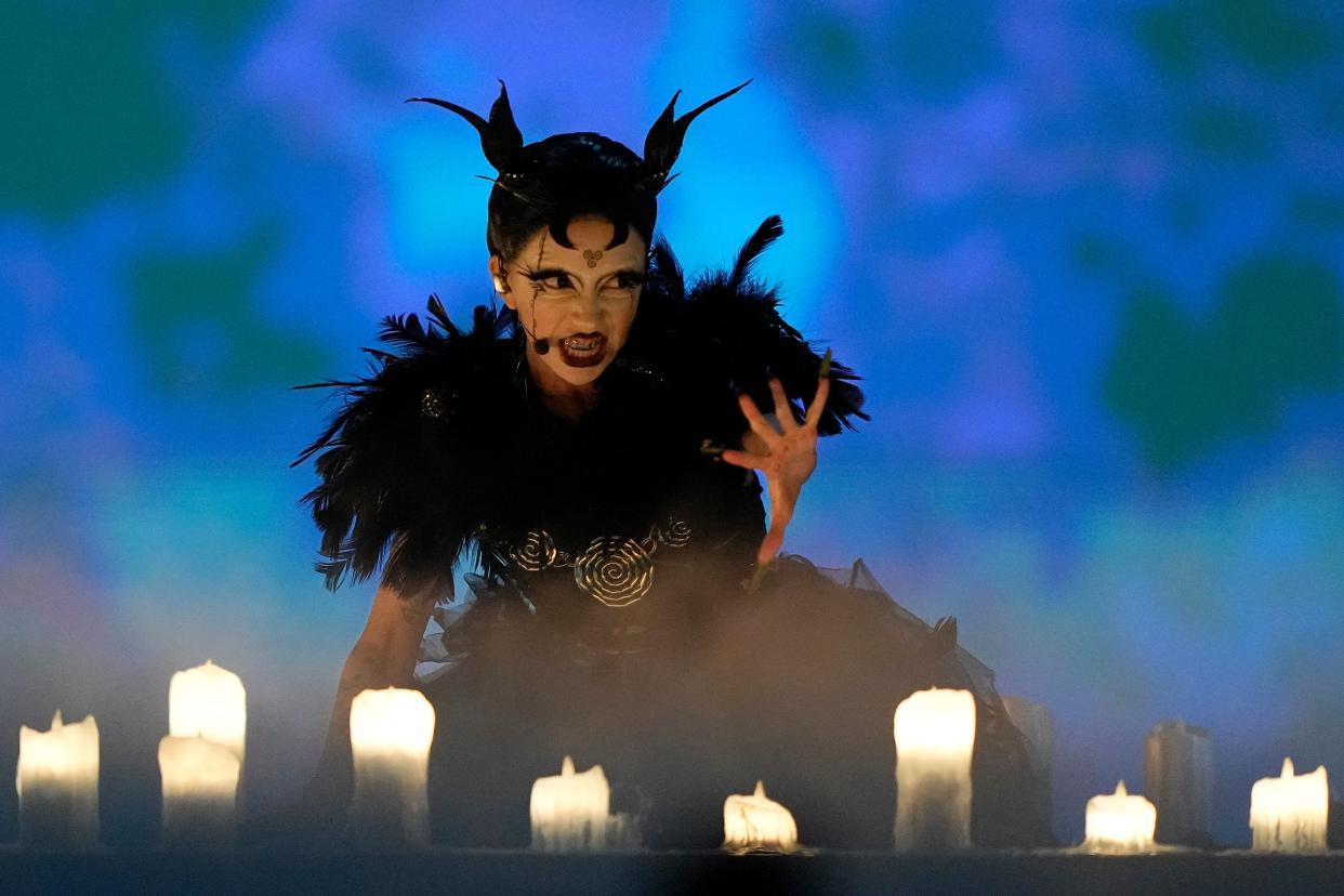 Bambie Thug of Ireland performs the song Doomsday Blue during the Grand Final of the Eurovision Song Contest (AP)