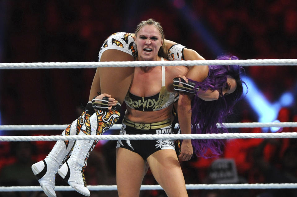 PHOENIX, AZ - JANUARY 27: Ronda Rousey and Sasha Banks at WWE's 2019 Royal Rumble in Phoenix, Arizona on January 27, 2019. Credit: George Napolitano/MediaPunch /IPX