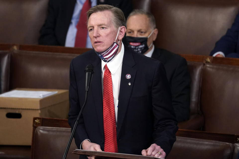 Rep. Paul Gosar (R-Ariz.) objects to certifying Arizona's Electoral College votes on Jan. 6.  (Photo: AP Photo/Andrew Harnik)