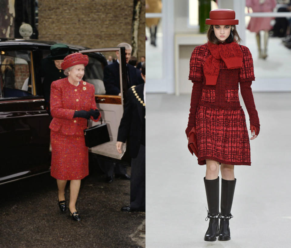 <p>The Queen’s red plaid suit that she wore to London in 1996 has a lot of resemblances to a look from Chanel’s latest collection. <i>[Photo: Tim Graham/Getty Images/ Catwalking/Getty Images]</i></p>