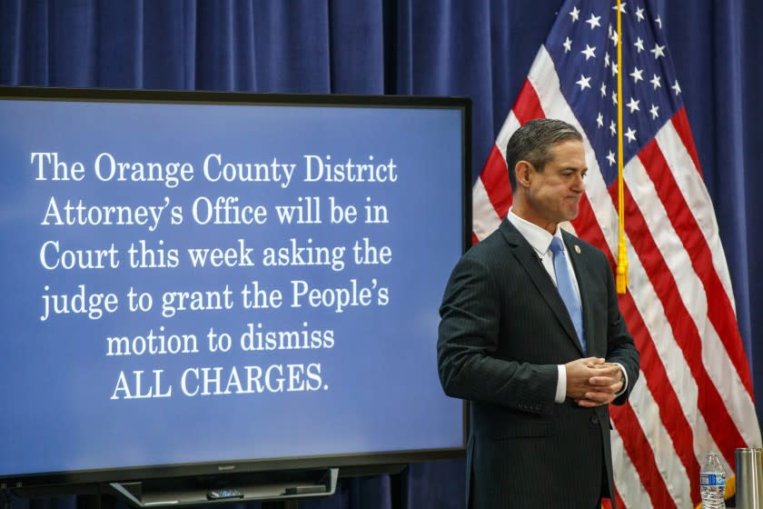 SANTA ANA, CALIF. -- TUESDAY, FEBRUARY 4, 2020: Orange County Dist. Atty. Todd Spitzer announces that he plans to drop all charges against Newport Beach doctor Grant Robicheaux, 39, and his girlfriend, Cerissa Riley, 32, accused of drugging and sexually assaulting several women after a review of their case found no evidence they committed any crimes during a press conference at the District Attorney's office in Santa Ana, Calif., on Feb. 4, 2020. Grant Robicheaux, 39, and Cerissa Riley, 32, were charged in 2018 with drugging and sexually assaulting multiple women. Robicheaux allegedly assaulted seven victims and Riley five. They have both pleaded not guilty. (Allen J. Schaben / Los Angeles Times)