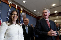 From left, newly-elected House Republican Conference Chair Rep. Elise Stefanik, R-N.Y., House Minority Whip Steve Scalise, R-La., and House Minority Leader Kevin McCarthy, R-Calif., speak to members of the media just after Stefanik was elected chair of the House Republican Conference, replacing Rep. Liz Cheney, R-Wyo., who was ousted from the GOP leadership for criticizing former President Donald Trump, at the Capitol in Washington, Friday, May 14, 2021. (AP Photo/Andrew Harnik)