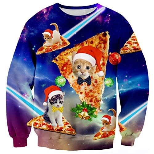 <p><strong>3d Print Ugly Christmas Pullover Sweater:</strong> What happens when cats meet up for a Christmas-themed pizza party in outer-space? This, apparently.</p> <p><a rel="nofollow noopener" href="http://amzn.to/2icmStF?mbid=synd_yahoostyle" target="_blank" data-ylk="slk:Amazon.com;elm:context_link;itc:0;sec:content-canvas" class="link ">Amazon.com</a>, $22</p>