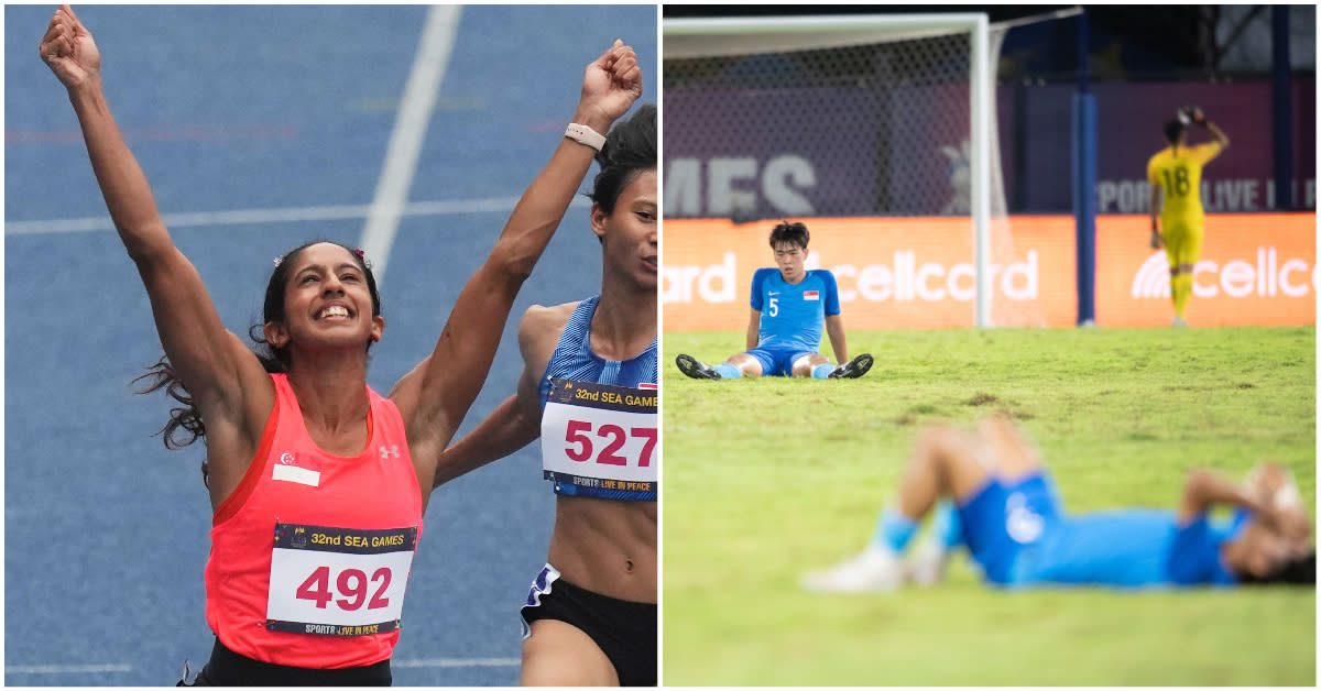 Singapore's double sprint champion Shanti Pereira (left) and the Singapore men's football team at the 2023 SEA Games. (PHOTOS: Getty Images/SNOC)