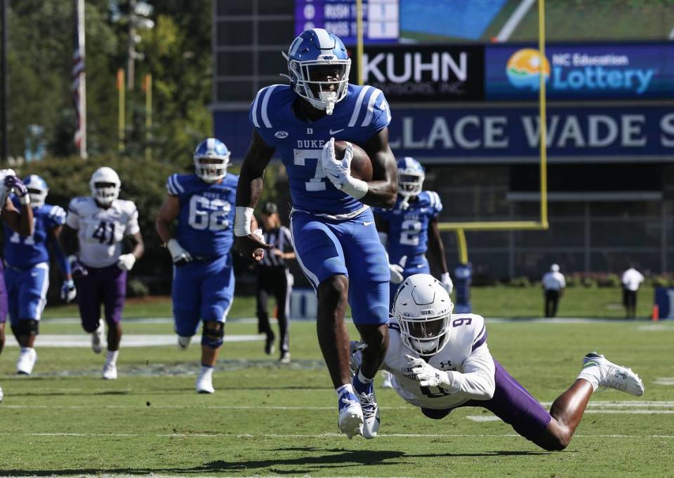 Duke’s Jordan Waters runs the ball in for a touchdown during the first half of the Blue Devils’ 38-14 win over Northwestern on Saturday, Sept. 16, 2023, at Wallace Wade Stadium in Durham, N.C. Kaitlin McKeown/kmckeown@newsobserver.com